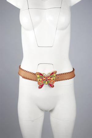 VALENTINO GARAVANI BROWN BUTTERFLY LEATHER BELT 85 CM