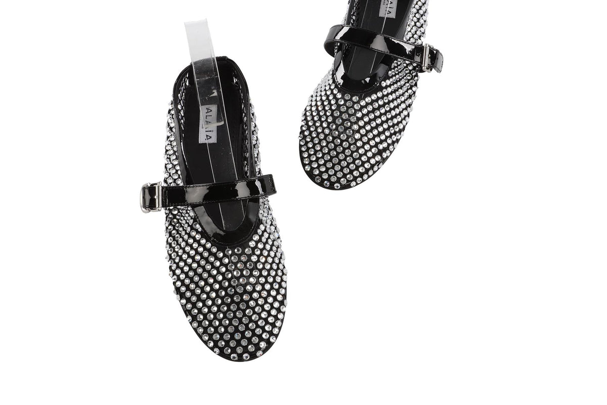 ALAÏA BLACK CRYSTAL AND MESH BALLET FLATS EU 38.5 UK 5.5 US 8.5
