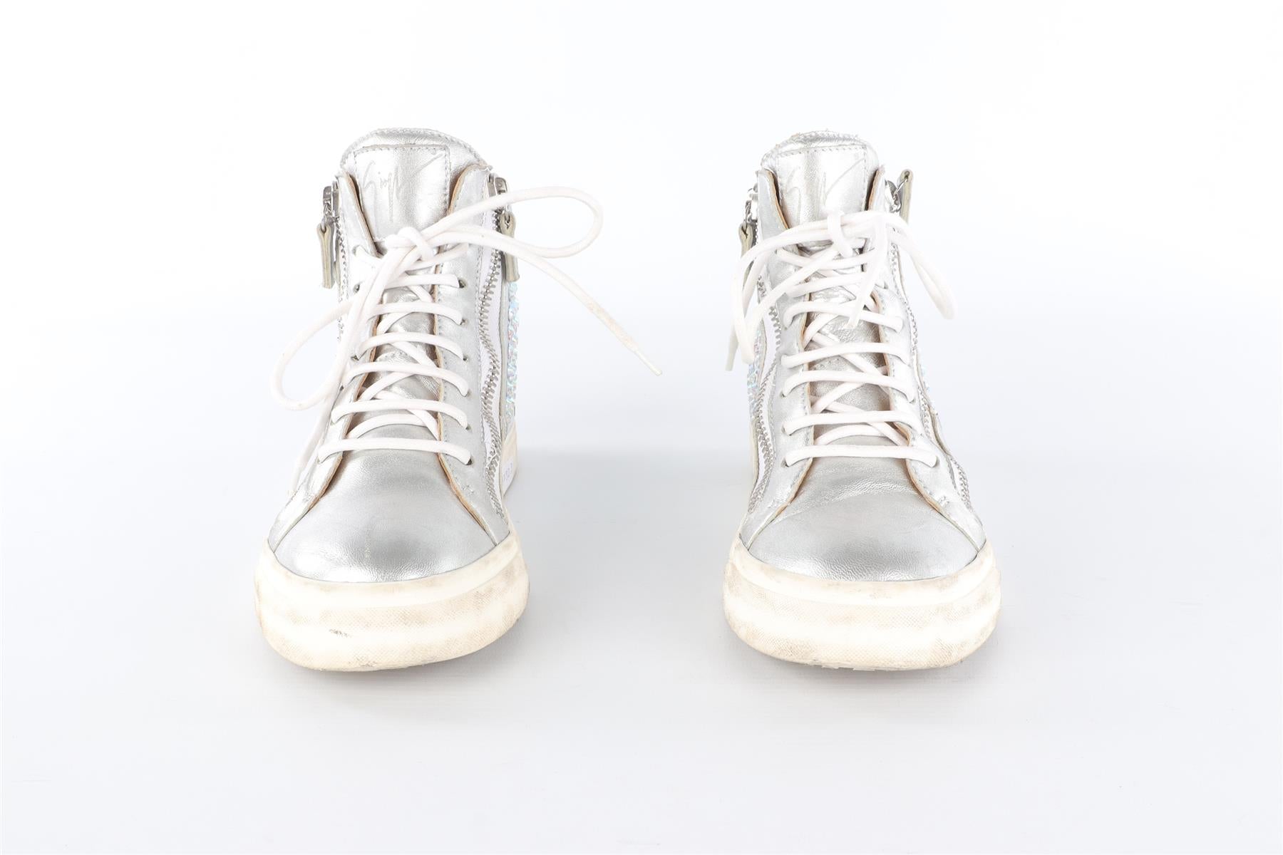 GIUSEPPE ZANOTTI SILVER LEATHER HIGH TOP SNEAKERS EU 38 UK 5 US 8