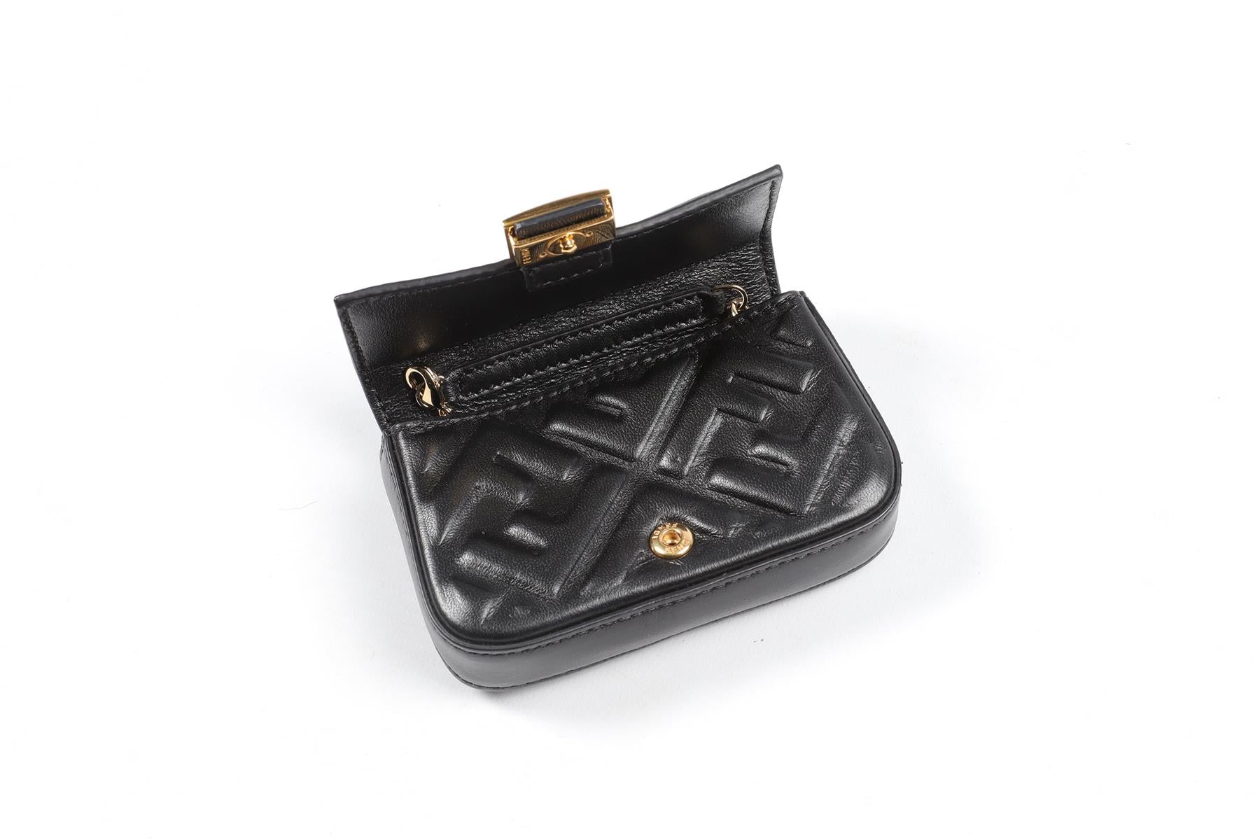 FENDI BLACK NANO BAGUETTE CHARM FF LEATHER CROSSBODY BAG