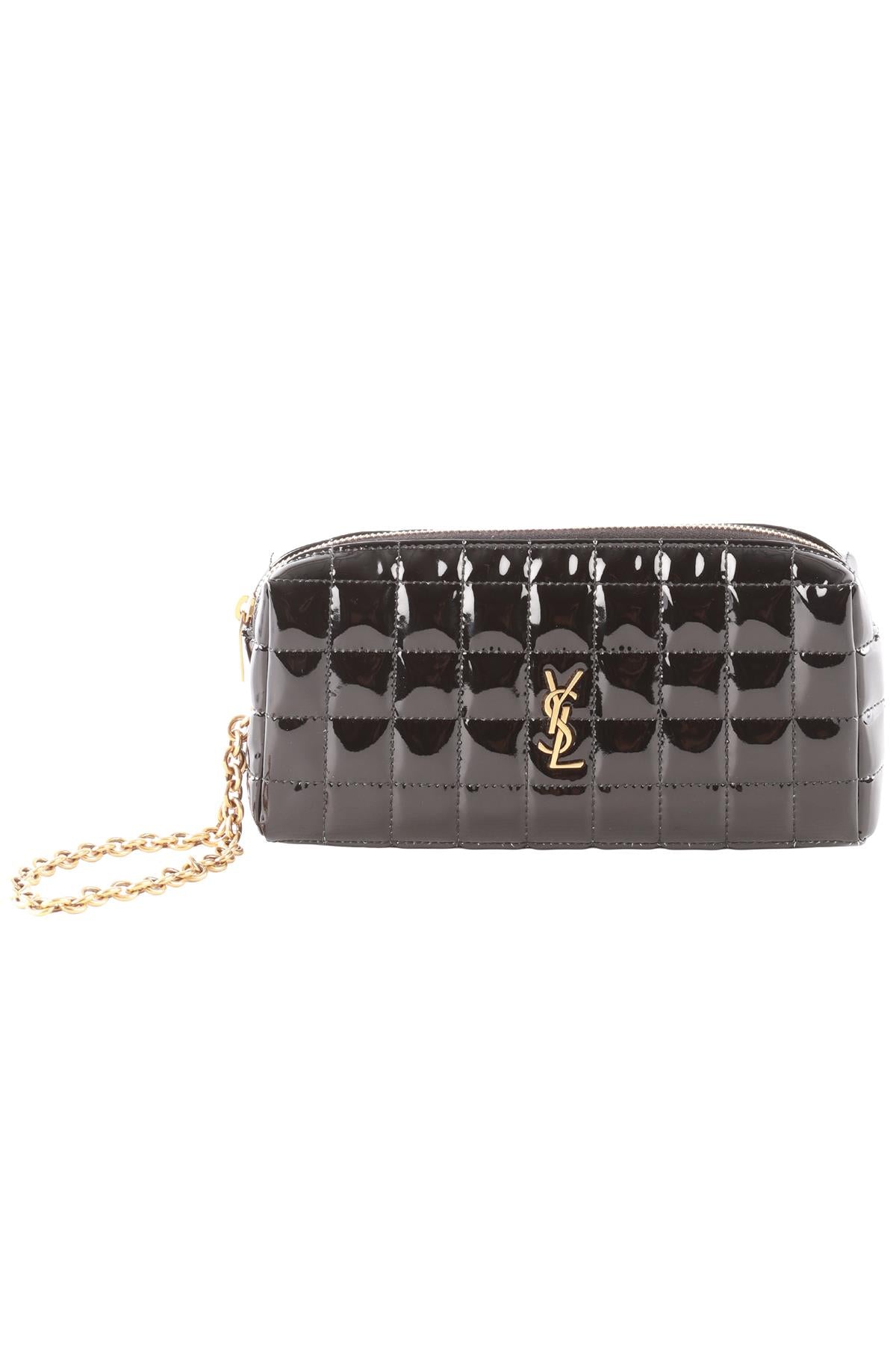 SAINT LAURENT BLACK CASSANDRE CARRÉ FAUX PATENT LEATHER CLUTCH