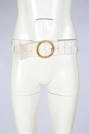 BOTTEGA VENETA WHITE INTRECCIATO LEATHER WAIST BELT 85 CM