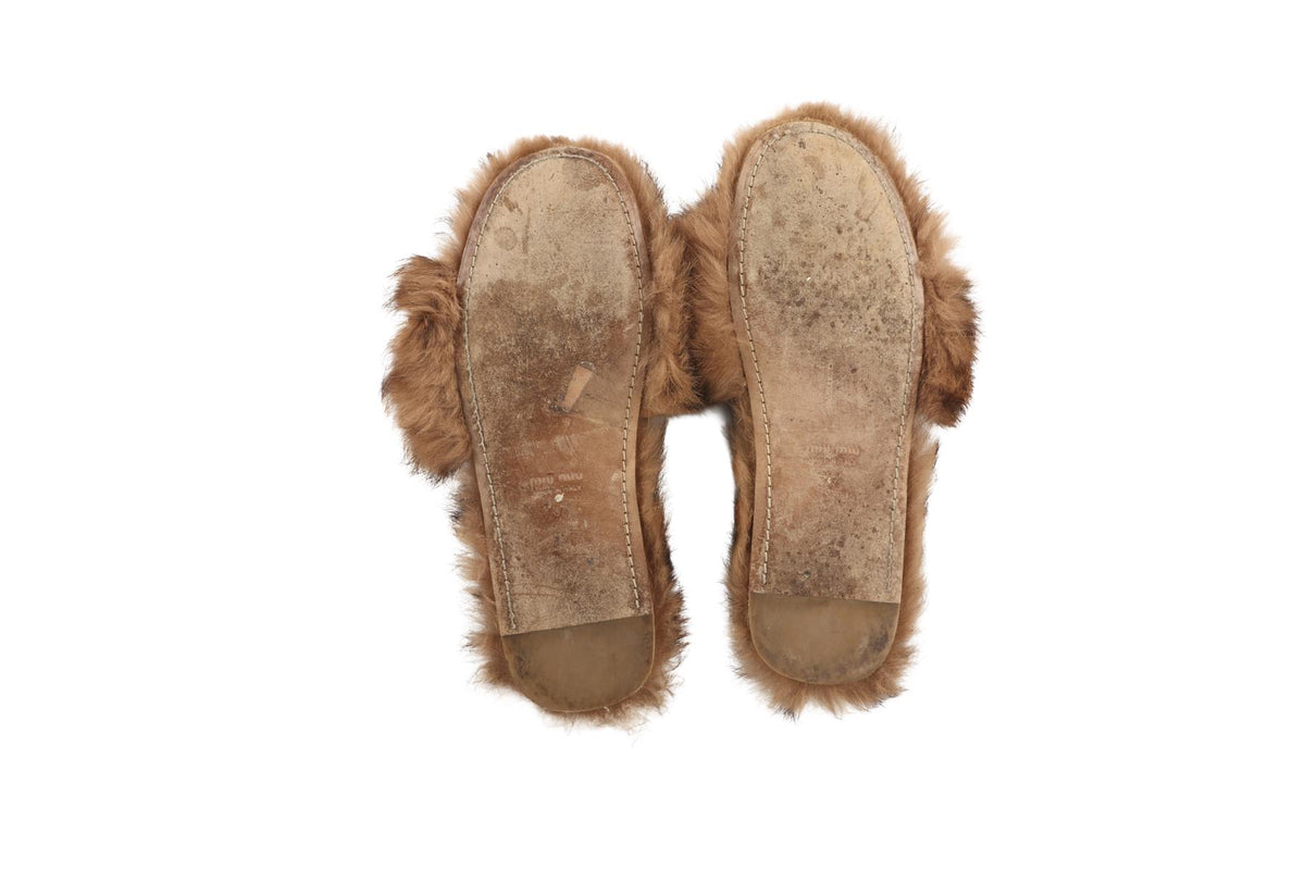 MIU MIU BROWN FAUX FUR SLIDES EU 37 UK 4 US 7