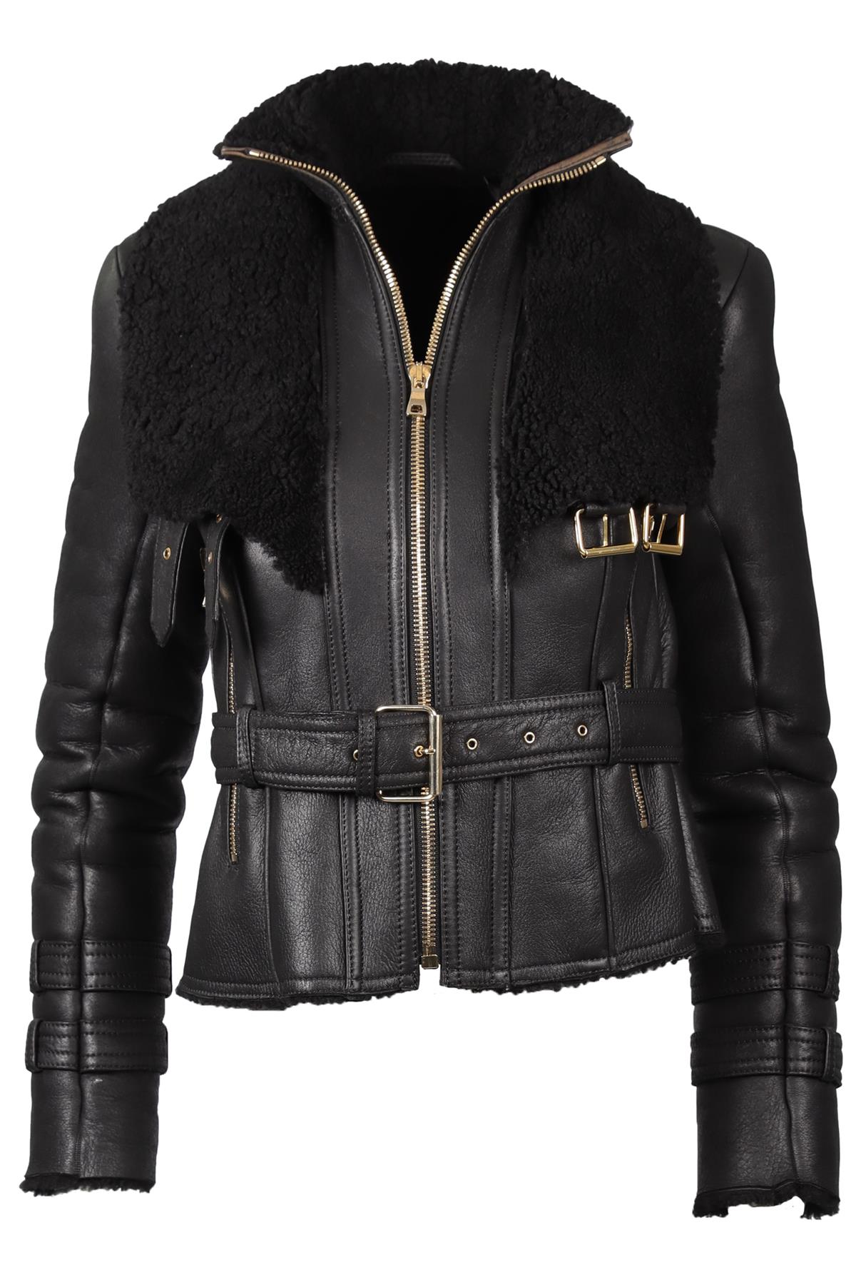 BALMAIN BLACK SHEARLING AND LEATHER JACKET FR 36 UK 8