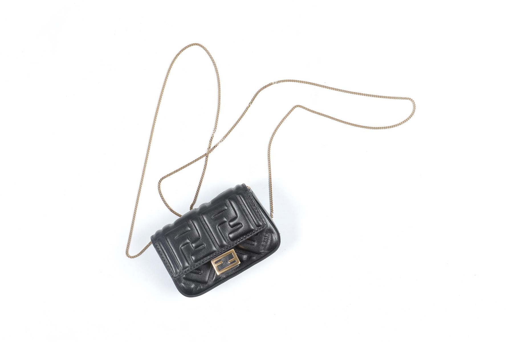 FENDI BLACK NANO BAGUETTE CHARM FF LEATHER CROSSBODY BAG