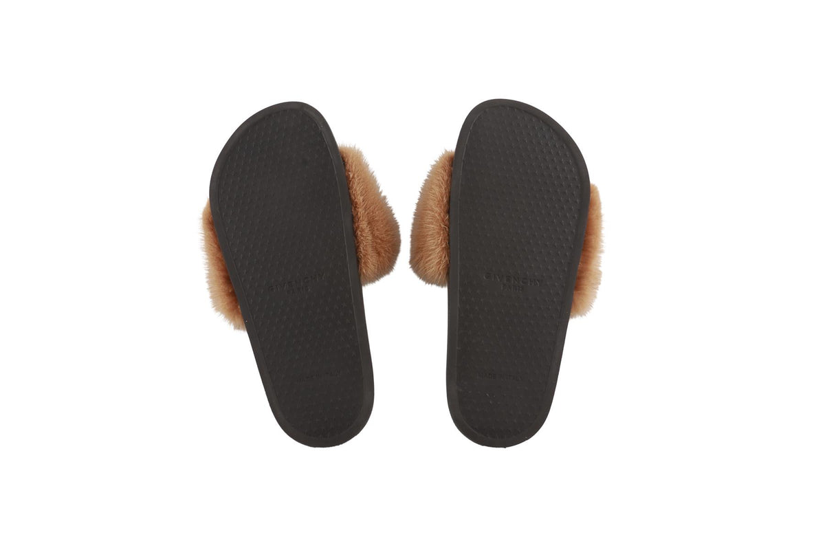 GIVENCHY TAN FUR AND RUBBER SLIDES EU 38 UK 5 US 8