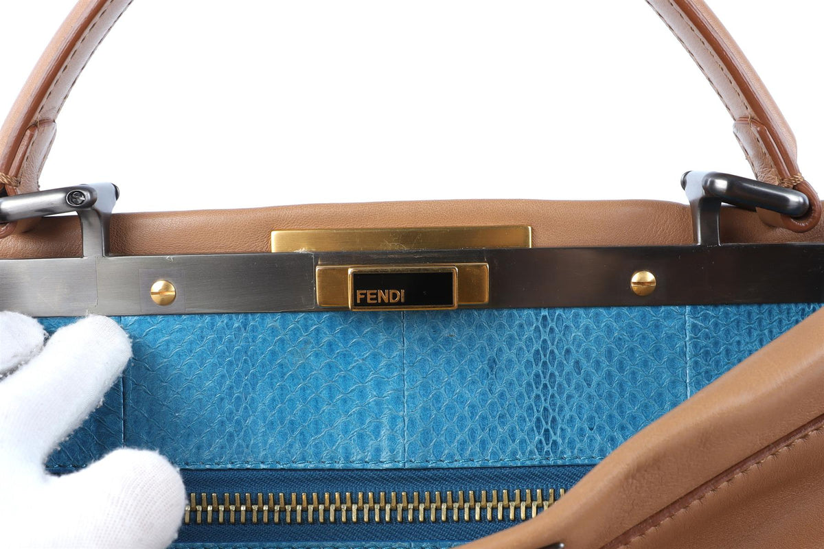 FENDI BROWN PEEKABOO MEDIUM LEATHER AND PYTHON TOTE BAG
