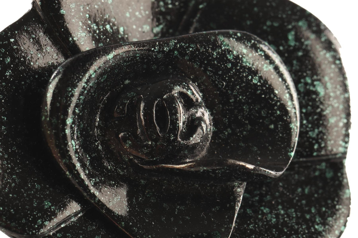 CHANEL GREEN 2001 CAMELIA CLIP EARRINGS