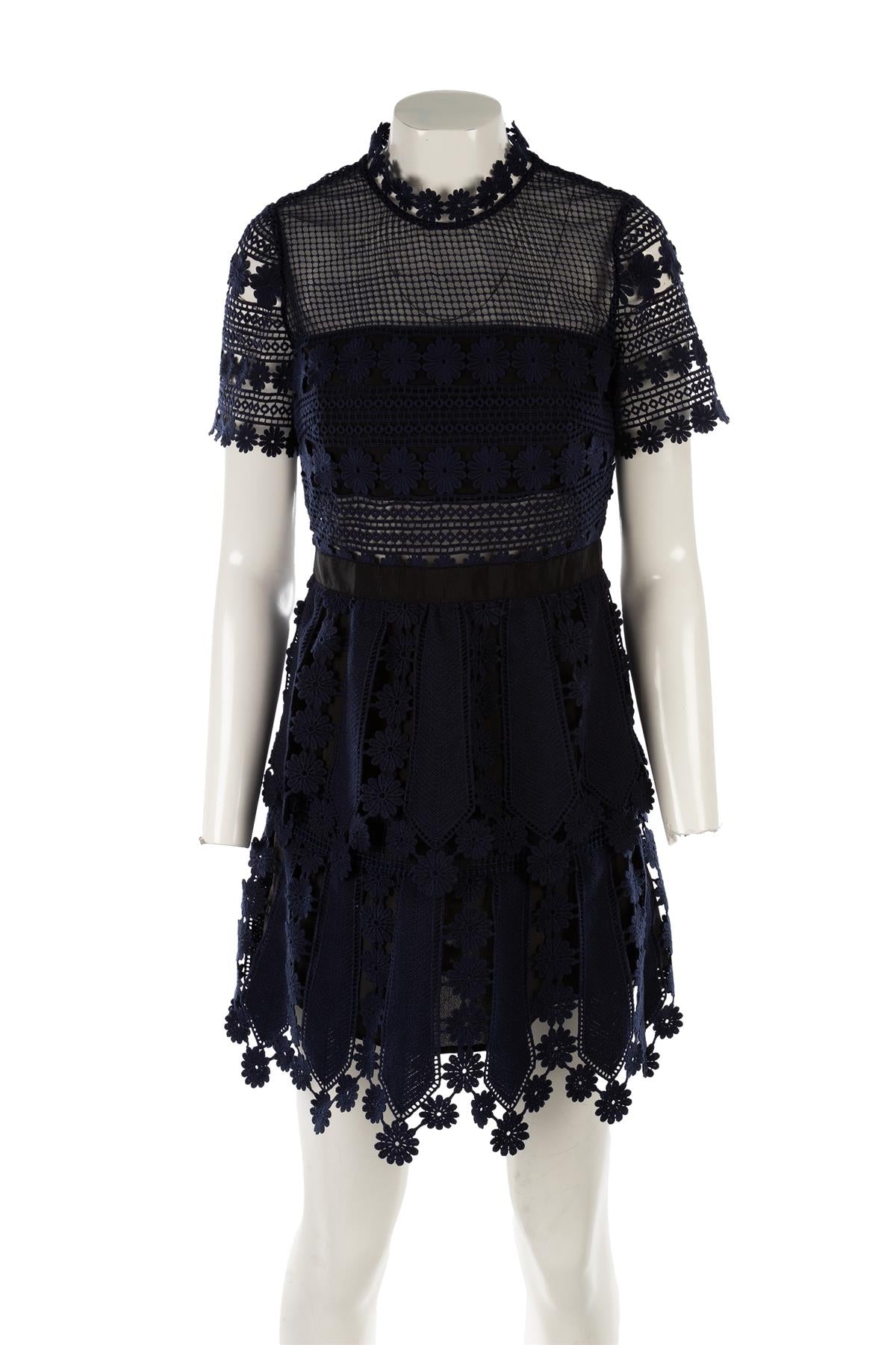 SELF-PORTRAIT NAVY CROCHET MINI DRESS UK 10
