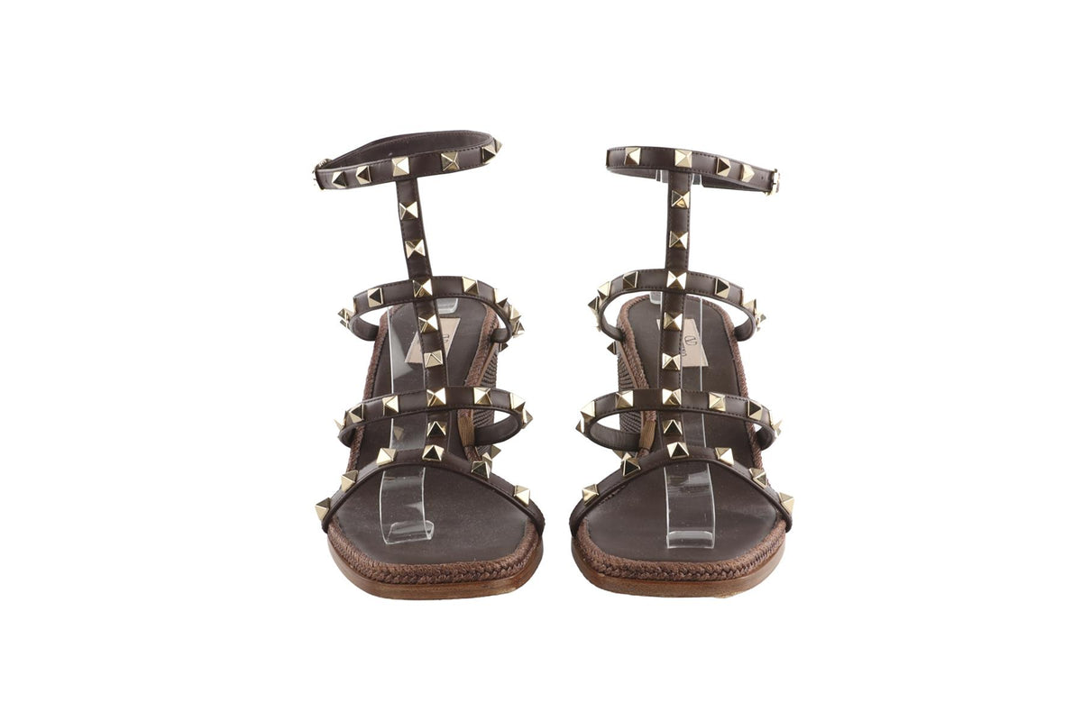 VALENTINO GARAVANI BROWN ROCKSTUD LEATHER WEDGE SANDALS EU 39 UK 6 US 9