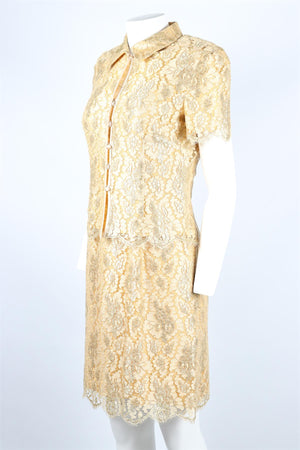 ESCADA COUTURE GOLD VINTAGE LACE DRESS AND JACKET SET DE 38 UK 10