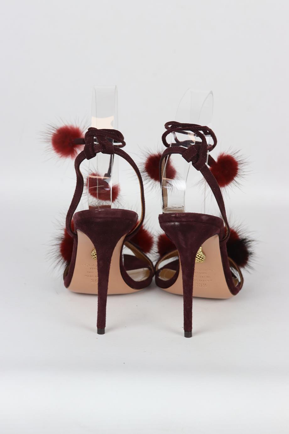 AQUAZZURA FUR TRIMMED SUEDE SANDALS EU 38.5 UK 5.5 US 8.5