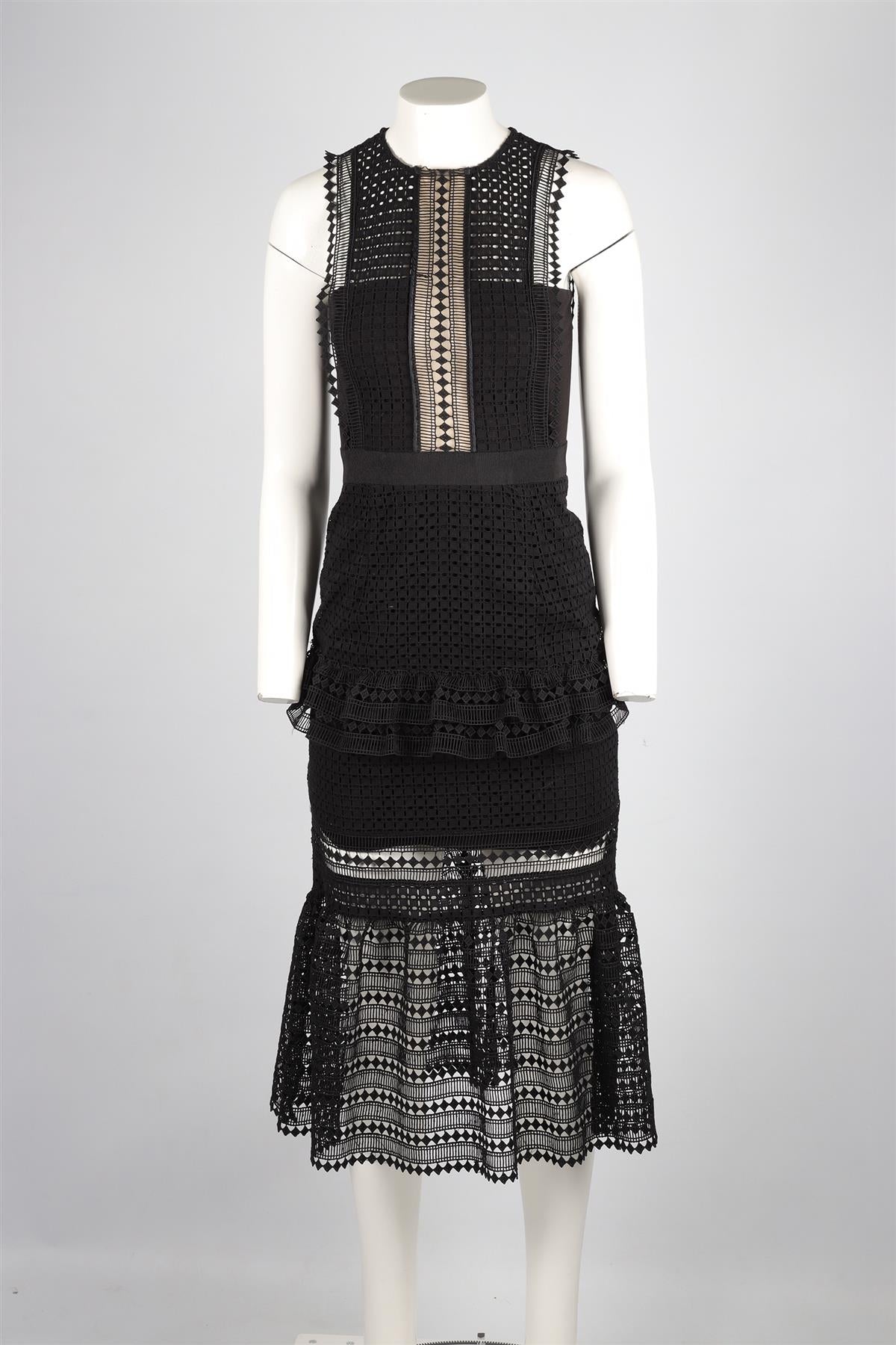 SELF-PORTRAIT BLACK CROCHET MIDI DRESS UK 8