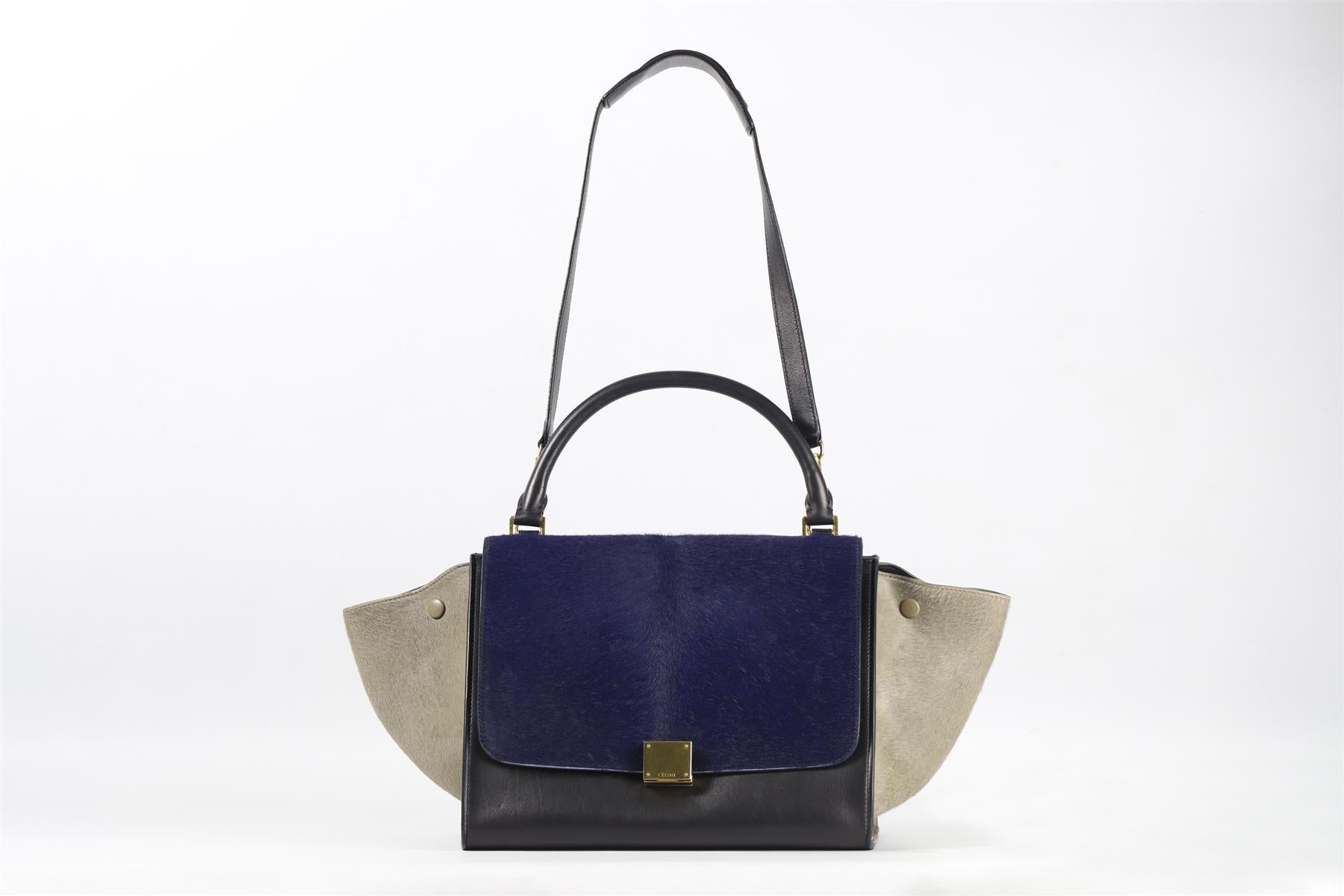 CELINE NAVY TRAPEZE MEDIUM CALF HAIR AND LEATHER TOTE BAG