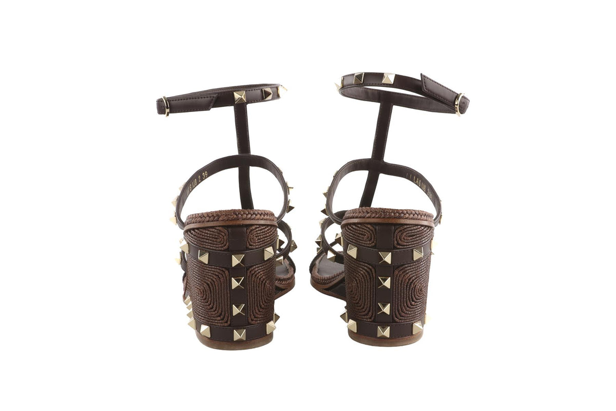 VALENTINO GARAVANI BROWN ROCKSTUD LEATHER WEDGE SANDALS EU 39 UK 6 US 9