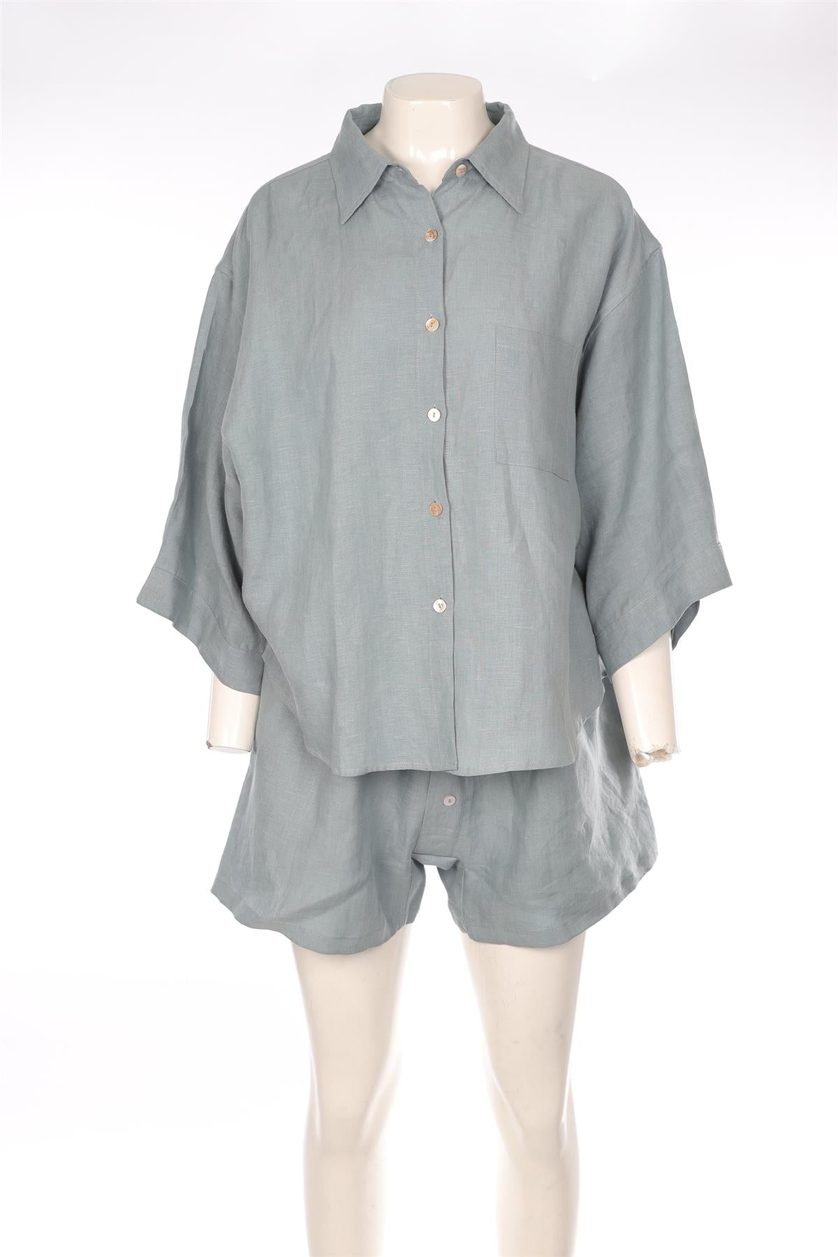 DEIJI STUDIOS BLUE LINEN SHORTS AND TOP SET SMALL-MEDIUM