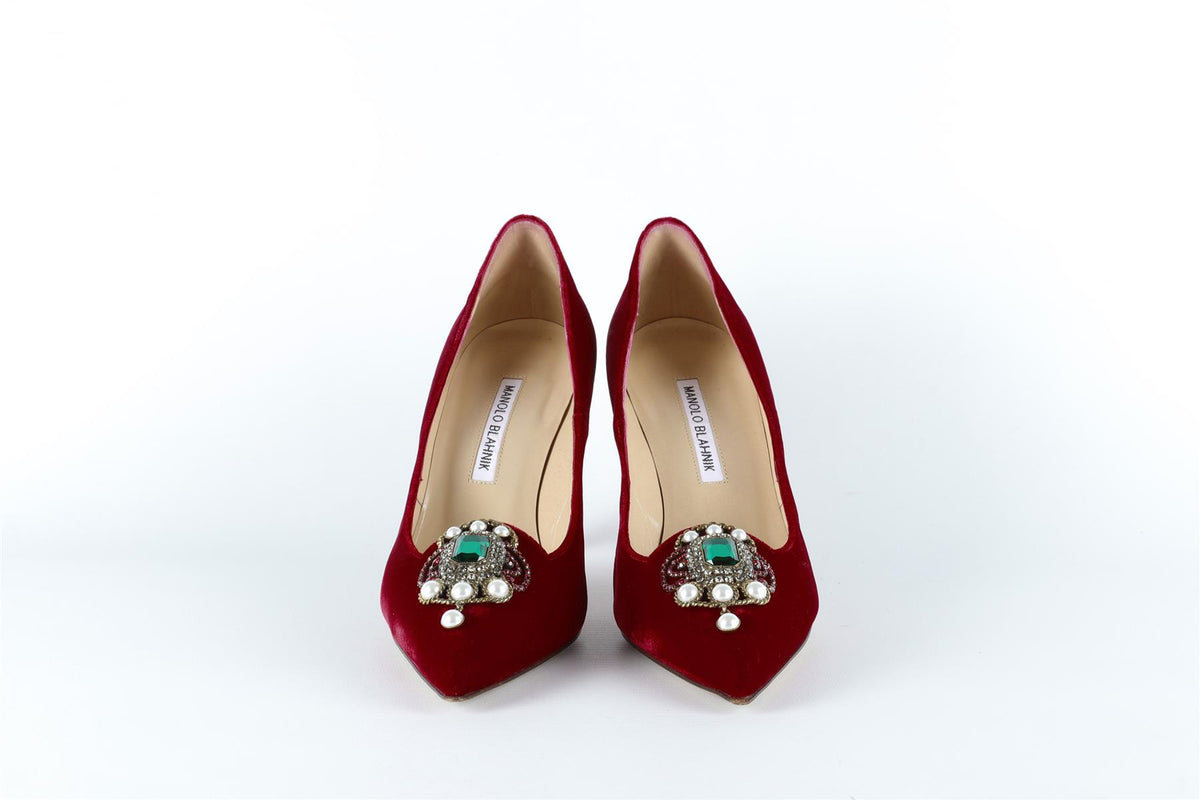 MANOLO BLAHNIK RED CRYSTAL AND VELVET PUMPS EU 38.5 UK 5.5 US 8.5