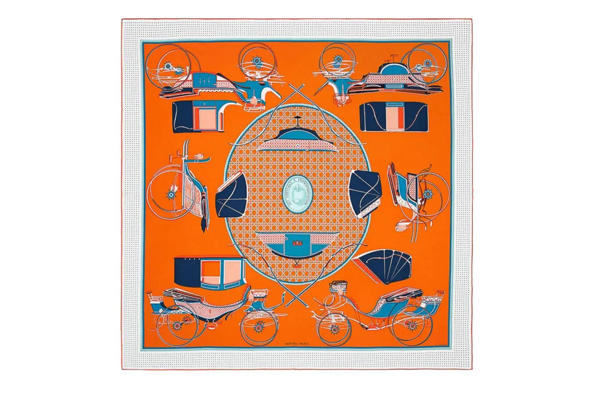 HERMÈS ORANGE LES VOITURES A TRANSFORMATION CASHMERE SCARF 134CM