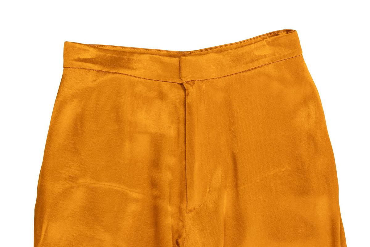 ASCENO GOLD SILK TAPERED PANTS SMALL