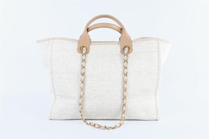 CHANEL BEIGE 2018 DEAUVILLE MEDIUM FABRIC TOTE BAG