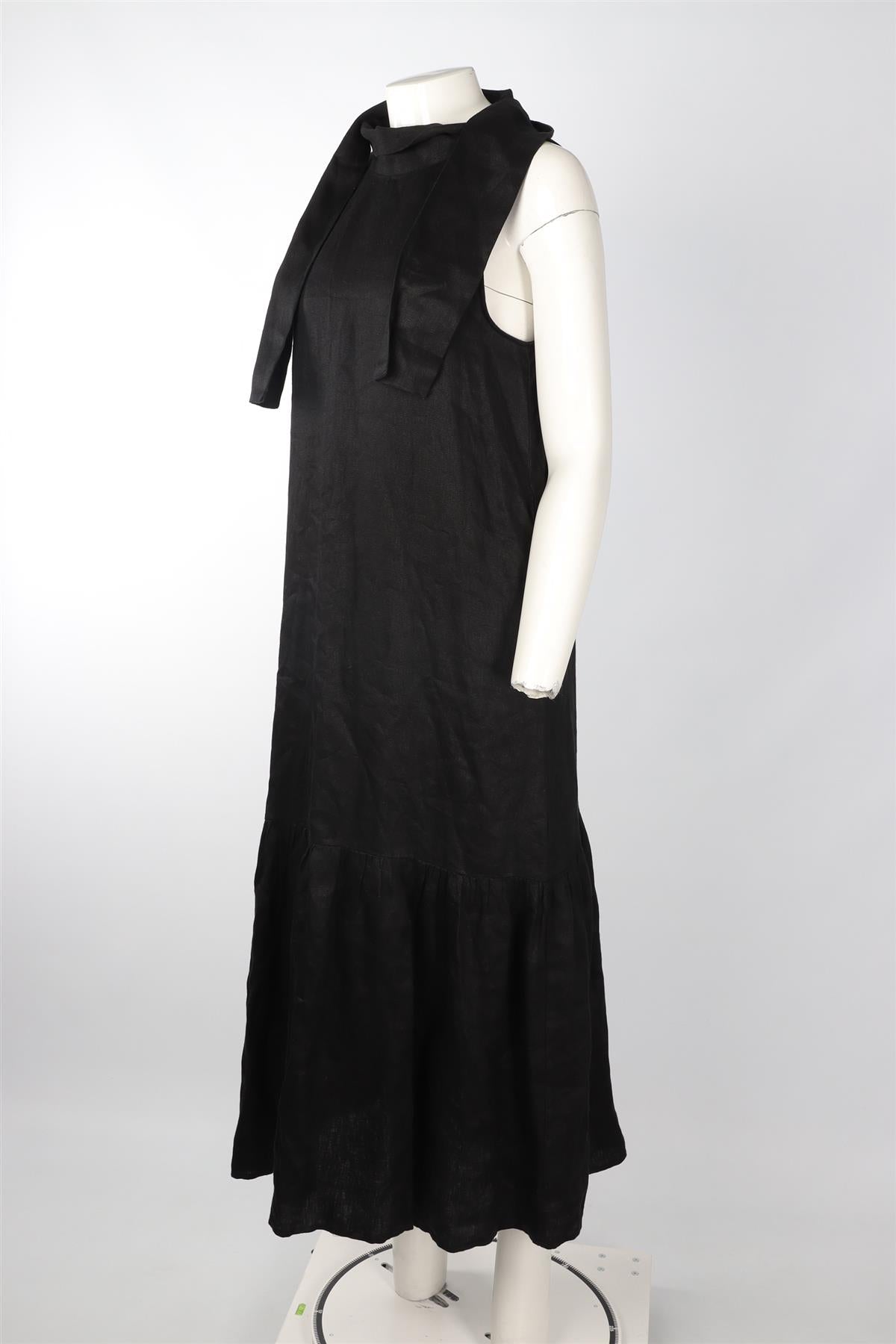 ASCENO BLACK LINEN MAXI DRESS SMALL