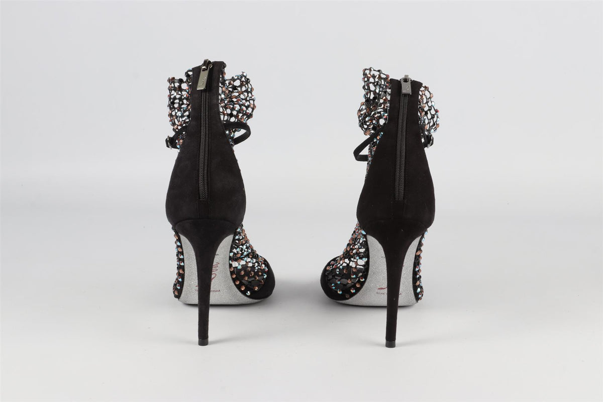 RENE CAOVILLA BLACK GALAXIA CRYSTAL AND SUEDE SANDALS EU 38.5 UK 5.5 US 8.5