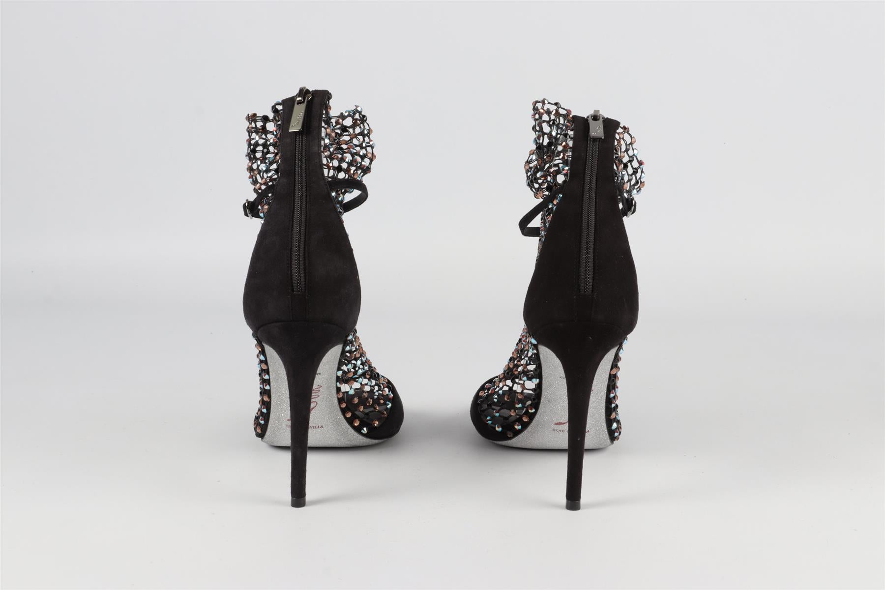 RENE CAOVILLA BLACK GALAXIA CRYSTAL AND SUEDE SANDALS EU 38.5 UK 5.5 US 8.5