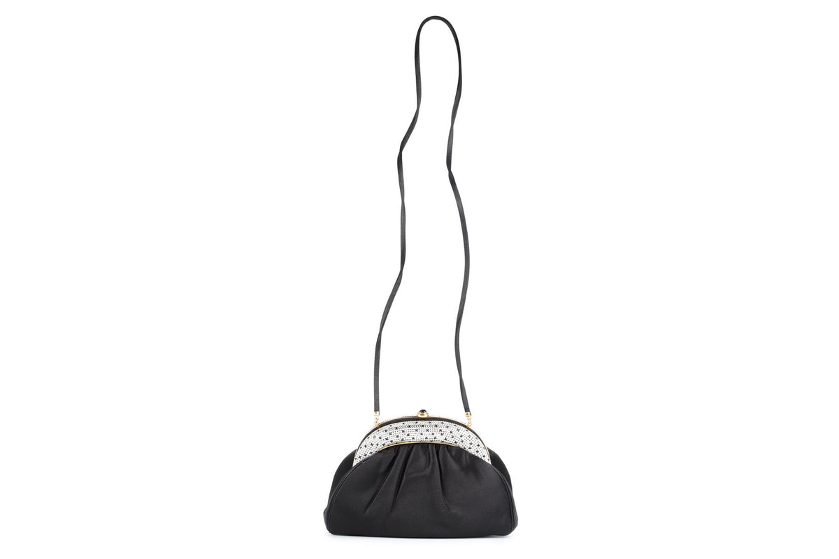 JUDITH LEIBER BLACK VINTAGE CRYSTAL AND SATIN CLUTCH