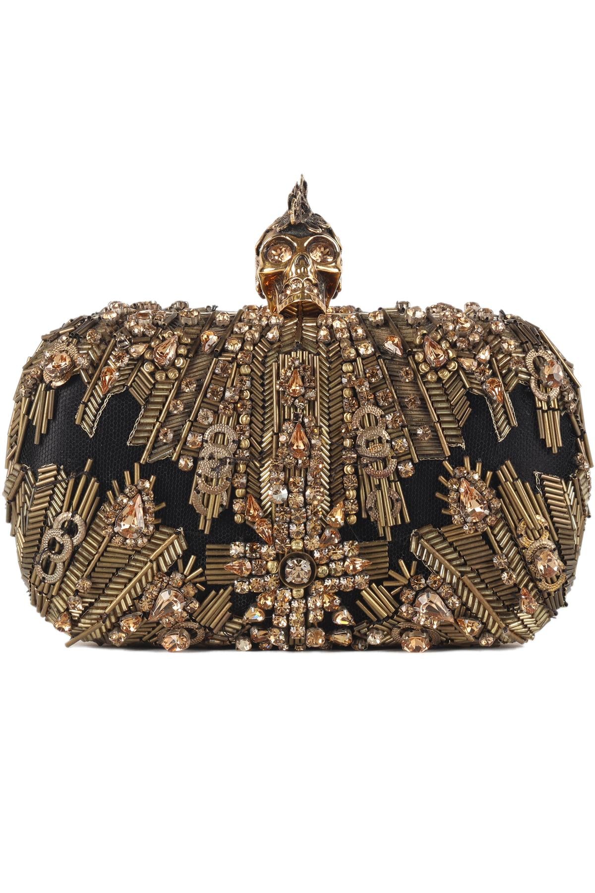 ALEXANDER MCQUEEN GOLD SKULL CRYSTAL AND SATIN CLUTCH