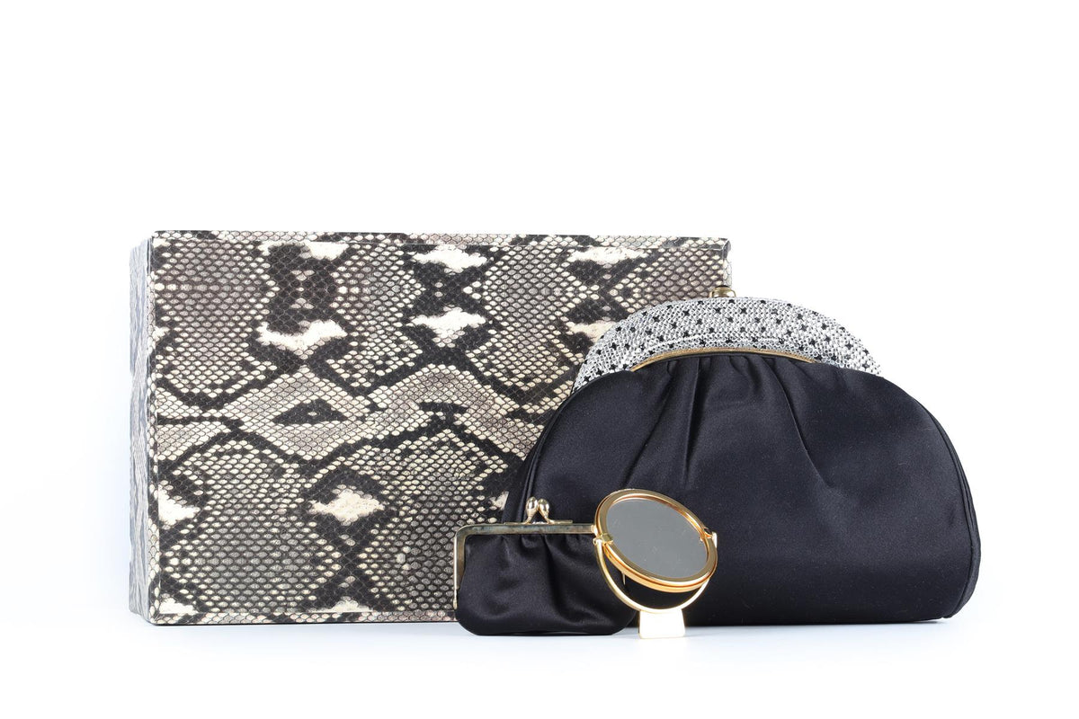 JUDITH LEIBER BLACK VINTAGE CRYSTAL AND SATIN CLUTCH