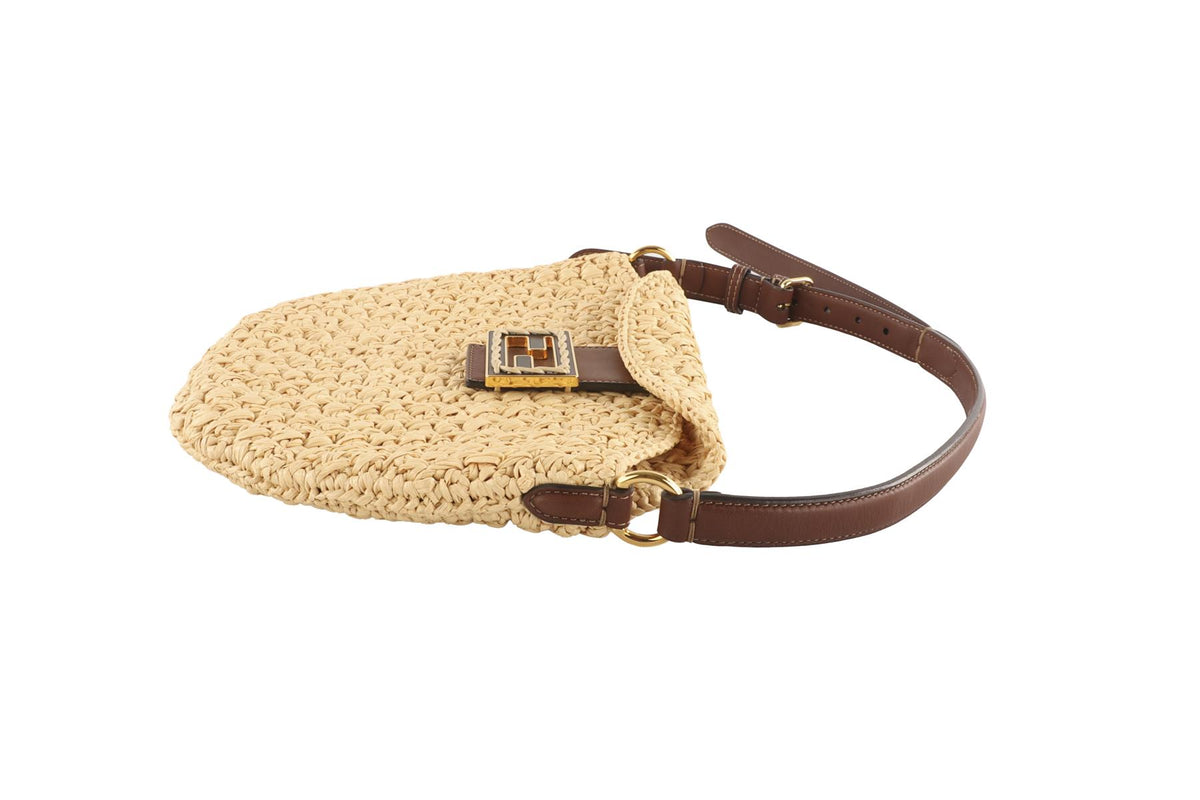 FENDI BEIGE CROISSANT SMALL RAFFIA TOTE BAG