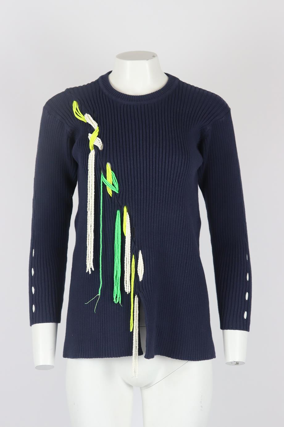 TANYA TAYLOR BEAD EMBELLISHED RIBBED COTTON BLEND SWEATER SMALL