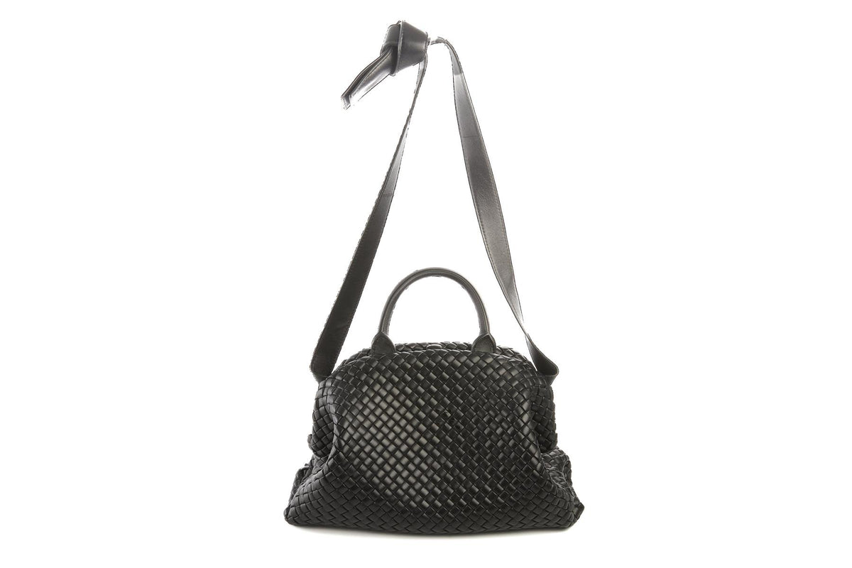 BOTTEGA VENETA BLACK HANDLE MEDIUM INTRECCIATO LEATHER TOTE BAG