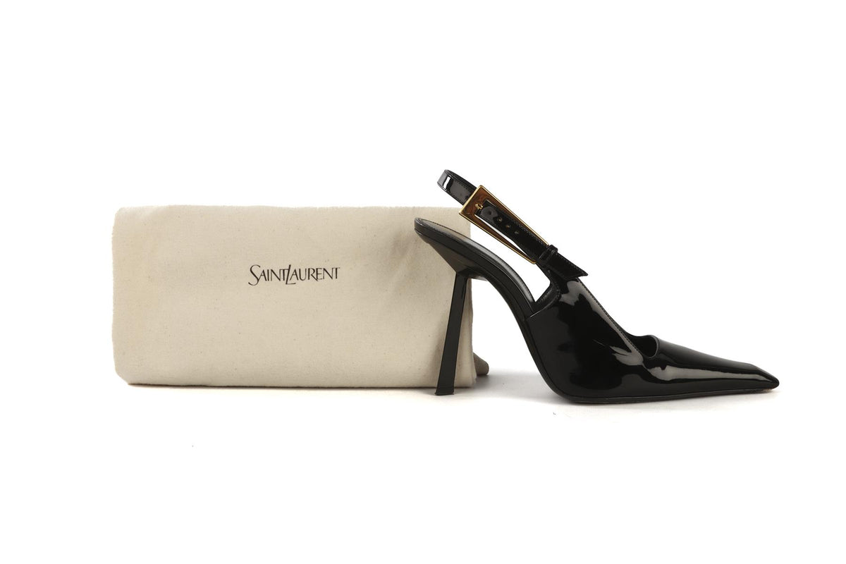 SAINT LAURENT BLACK LEE PATENT LEATHER SLINGBACK PUMPS EU 39.5 UK 6.5 US 9.5