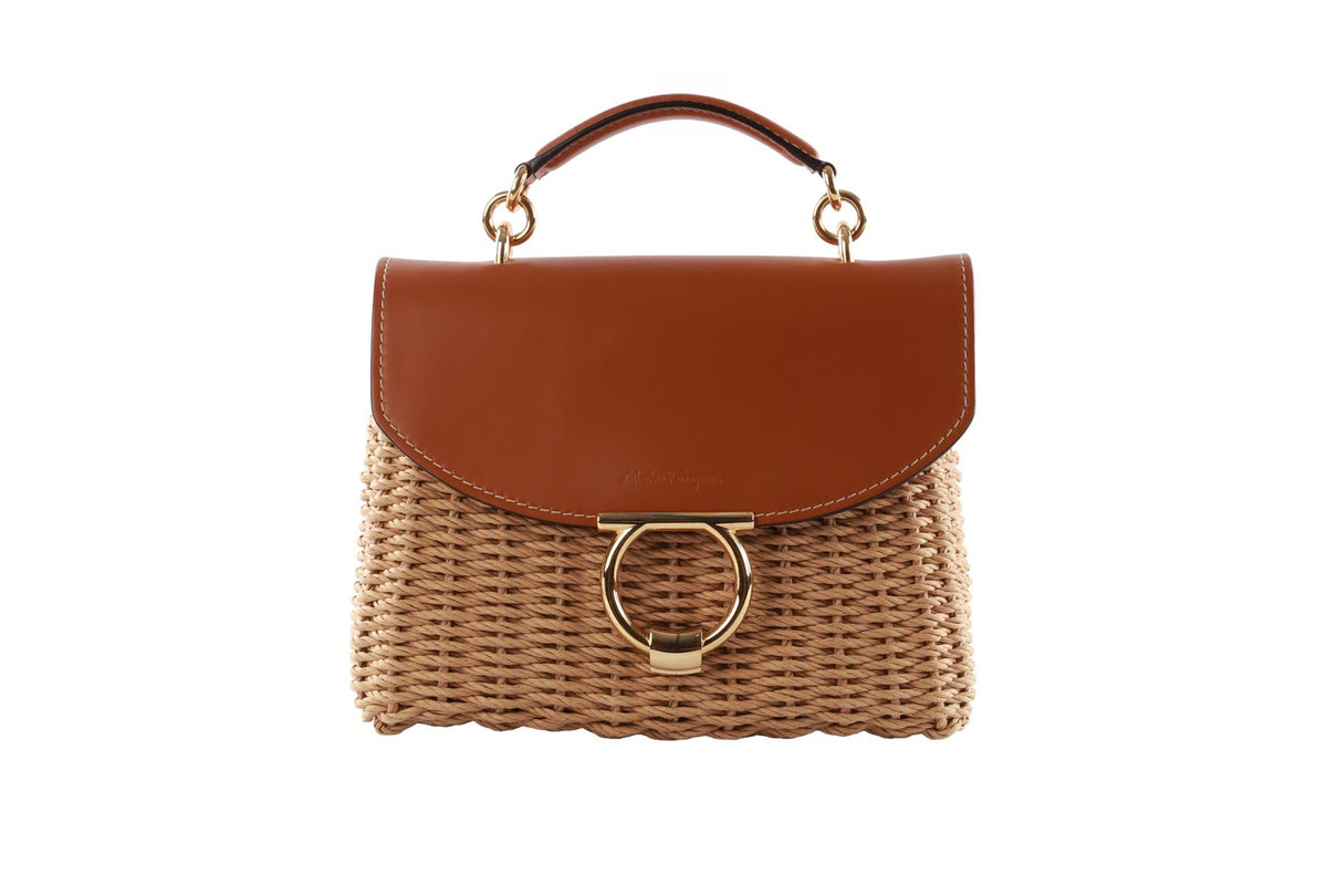SALVATORE FERRAGAMO TAN MARGOT WICKER TOTE BAG