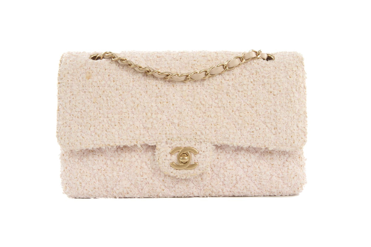 CHANEL PINK 2003-2004 CLASSIC DOUBLE FLAP MEDIUM TWEED SHOULDER BAG