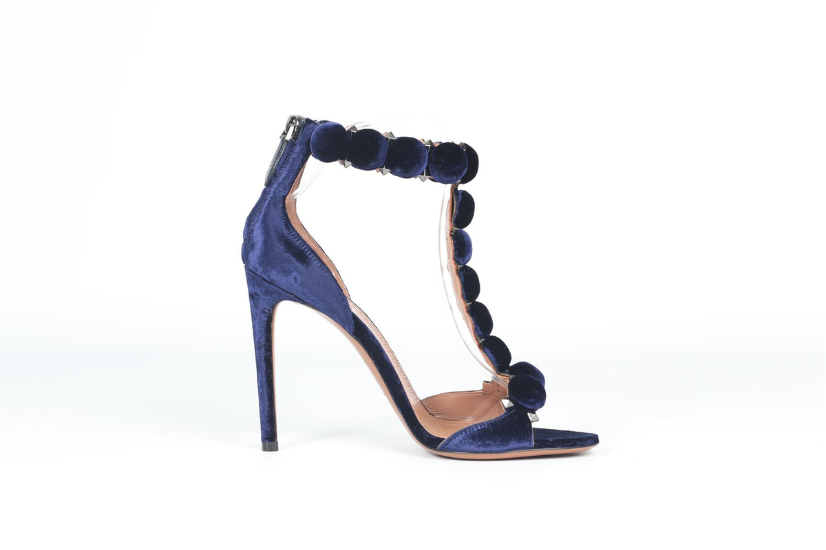 AZZEDINE ALAÏA BLUE BOMBE VELVET SANDALS EU 38.5 UK 5.5 US 8.5
