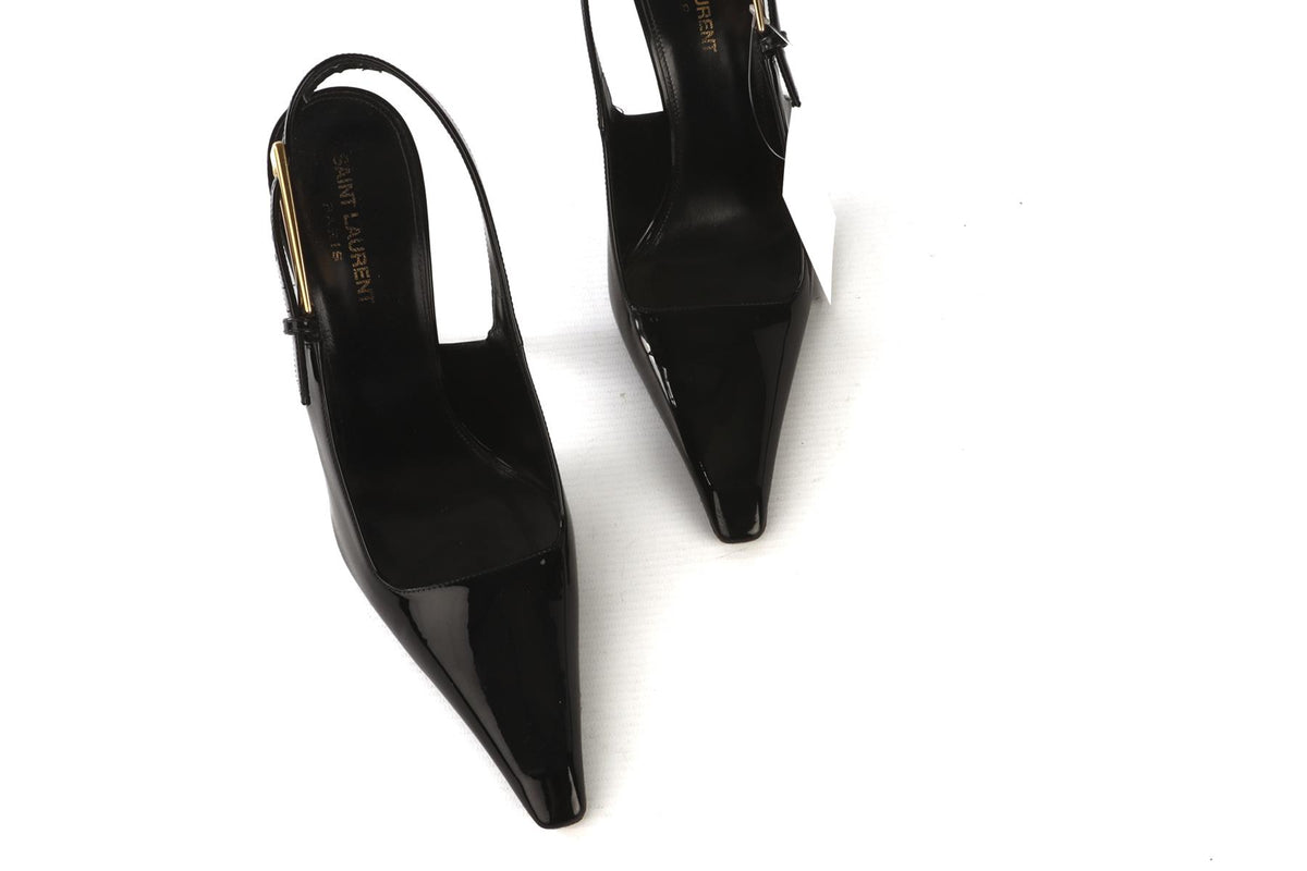 SAINT LAURENT BLACK LEE PATENT LEATHER SLINGBACK PUMPS EU 39.5 UK 6.5 US 9.5