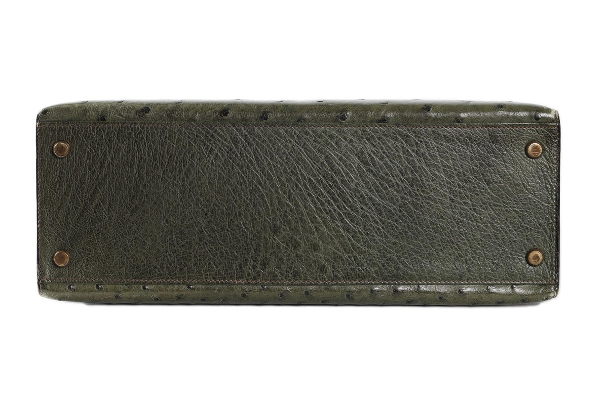 HERMÈS GREEN 1981 KELLY 32CM OSTRICH BAG IN VERT OLIVE