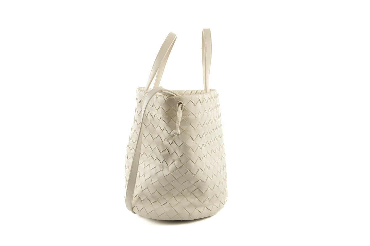 BOTTEGA VENETA WHITE CASTELLO INTRECCIATO LEATHER BUCKET BAG