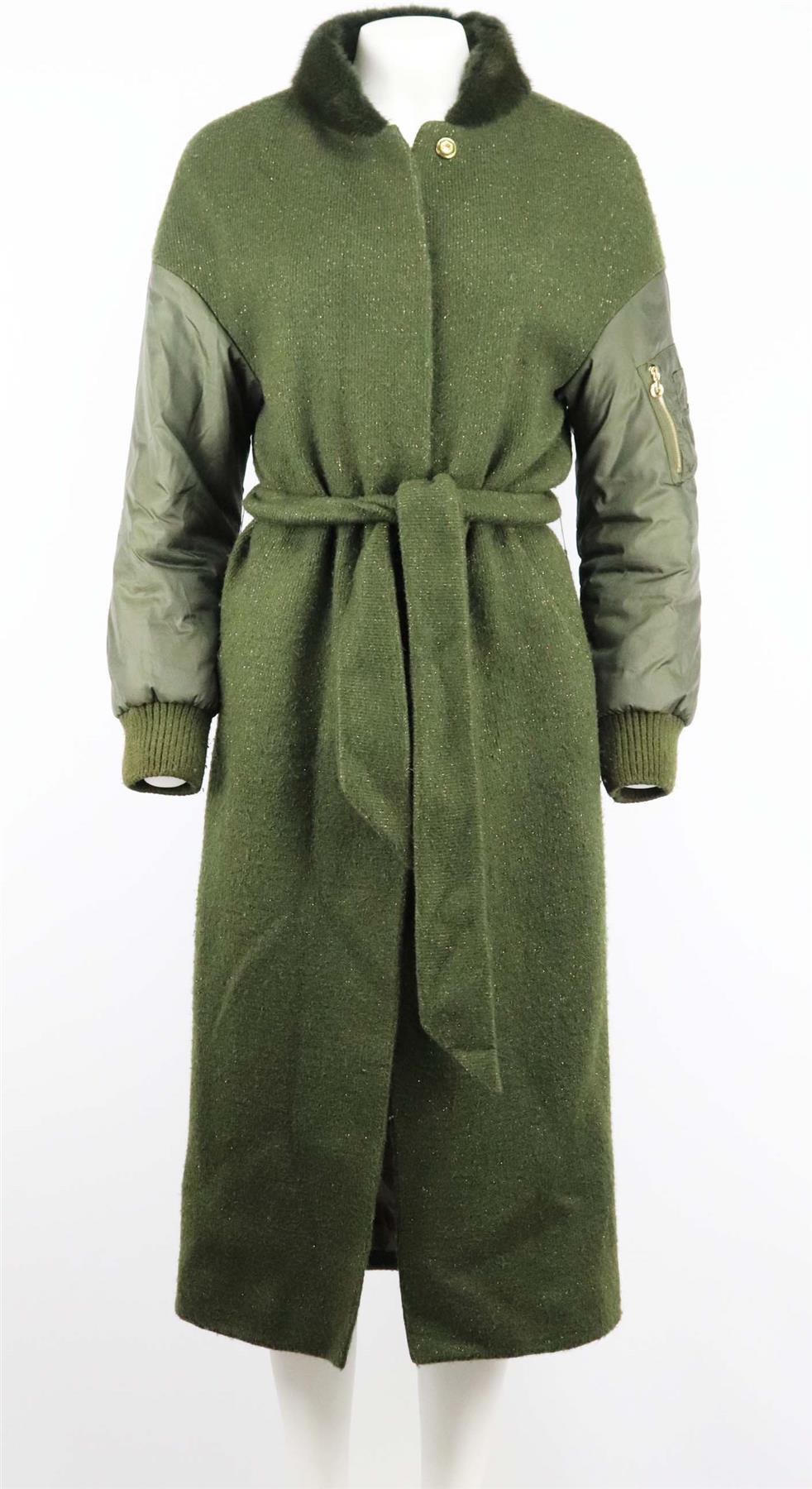 BELTED MINK TRIMMED WOOL KNIT COAT