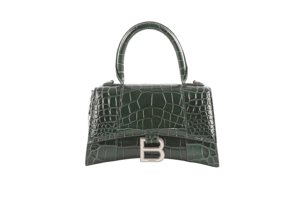 BALENCIAGA GREEN HOURGLASS XS LEATHER TOTE BAG