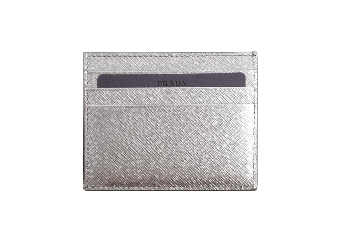 PRADA SILVER SAFFIANO LEATHER CARD HOLDER