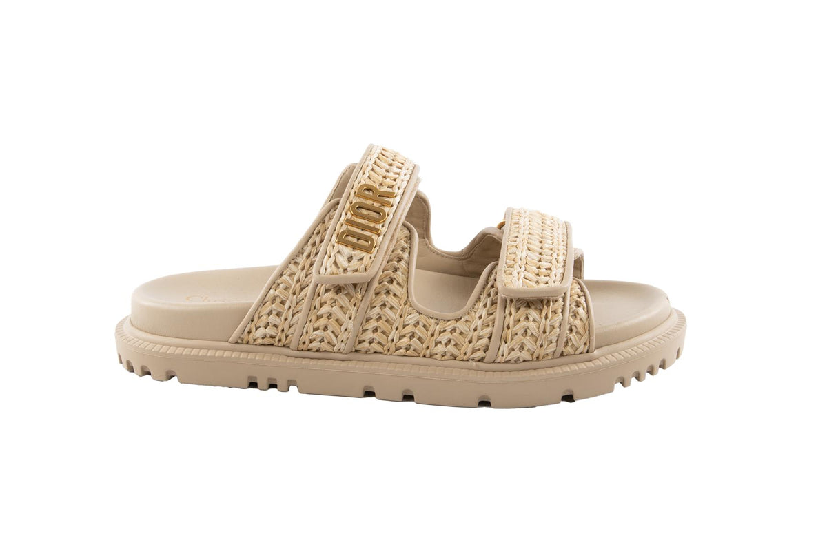 CHRISTIAN DIOR BEIGE DIORACT RAFFIA SLIDES EU 37.5 UK 4.5 US 7.5