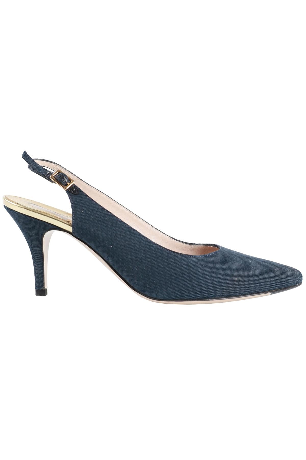 SALVATORE FERRAGAMO BLUE CANVAS SLINGBACK PUMPS