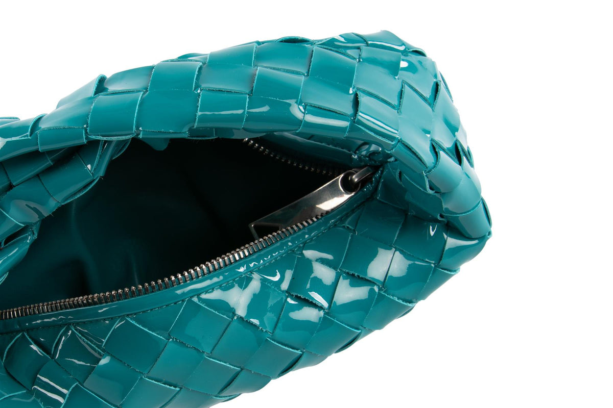 BOTTEGA VENETA BLUE JODIE MINI INTRECCIATO PATENT LEATHER TOTE BAG