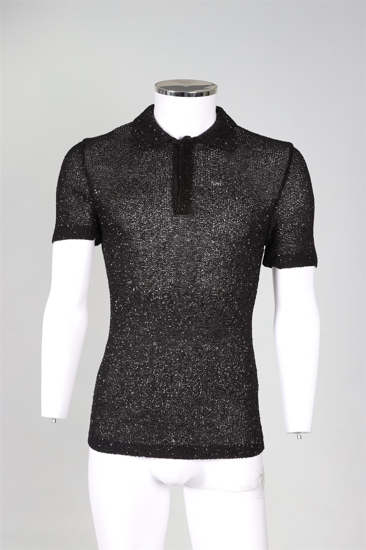 VALENTINO BLACK MEN'S SEQUIN AND KNIT POLO SHIRT MEDIUM