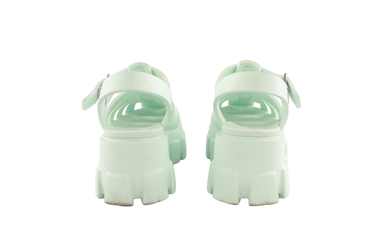 PRADA GREEN MONOLITH LEATHER PLATFORM SANDALS EU 38 UK 5 US 8