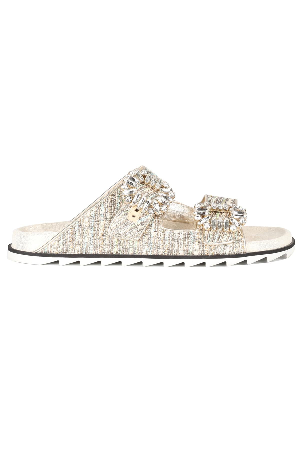 ROGER VIVIER GOLD CRYSTAL AND TWEED SANDALS EU 40 UK 7 US 10