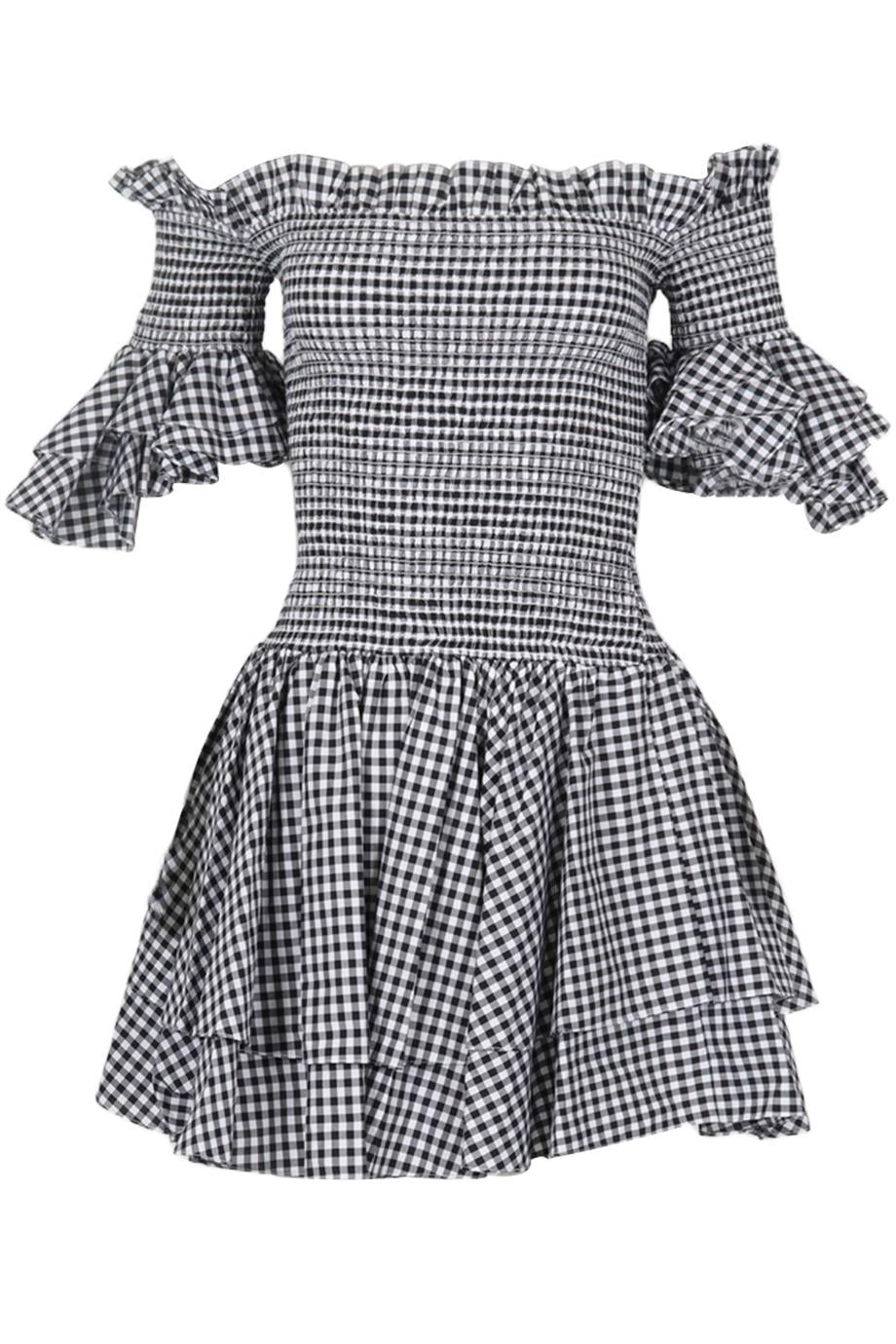 CAROLINE CONSTAS OFF THE SHOULDER CHECKED COTTON MINI DRESS XSMALL